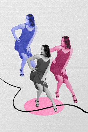 Poster image vertical photo collage of serious girl choreographer dance disco weekend celebration short dress occasionの写真素材
