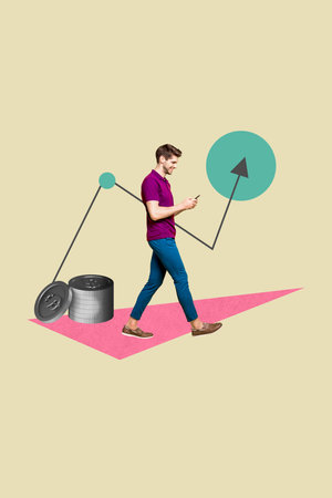 Vertical sketch 3d collage poster of happy businessman surf phone walk arrow development dollar coin...