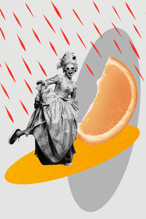 Trend artwork 3D photo collage design of young lady sunglass smile dance piece orange historical vintage aristocracy corset fashion rainの写真素材