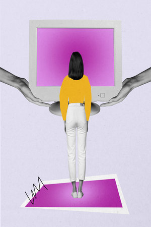Vertical photo collage of anonym girl stand back pc monitor freelancer occupation tv screen isolated on painted backgroundの写真素材