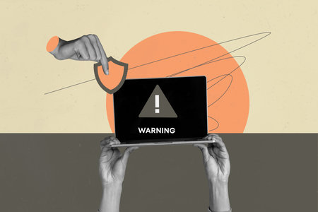 Trendy art creative full zine photo collage of hands hold danger bug spyware laptop decoding device...