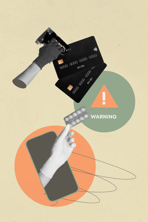 Poster image art sketch vertical collage of hand hold smartphone device danger shield warnings...