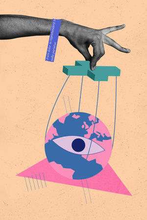 Art image trendy pop zine photo collage of human hand show earth eyeball esoteric symbol third eye view ophthalmologistの写真素材