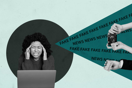 Creative full artwork pop collage of happy puzzled girl listen fake news propaganda fishing spam problem agitation disinformationの写真素材