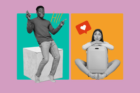 Collage of happy influencer like icon with heart symbolizing internet popularity social media trends