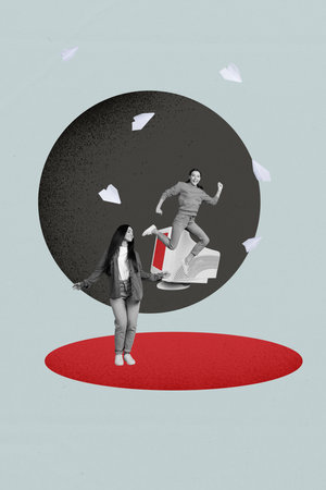 Vertical poster collage of happy business partners girl guy stand pc monitor programmer paper plane flight networking messageの写真素材