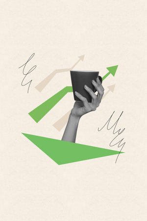 Poster banner collage of person holding a cup on pastel background with arrows