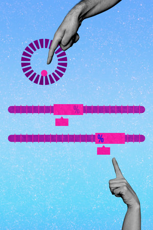 Collage of human hand interacting with abstract money business percentage icon digital elements on...