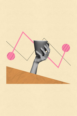 Poster surreal collage of hand holding cup on pastel background with analysisの写真素材