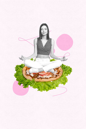 Collage of person near giant sandwich pizza bakery donut pie blending fast food imagery with modern cultureの写真素材