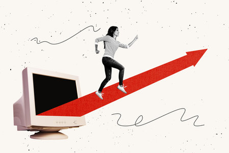 Trendy poster art photo collage of happy businesswoman girl run pc monitor freelancer development career progress goal chanceの写真素材
