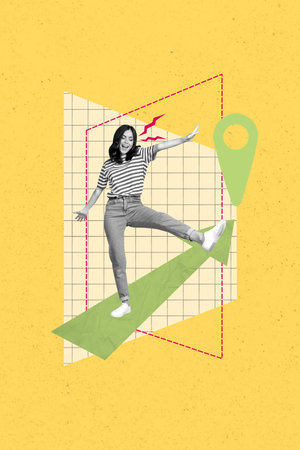 Vertical image art collage of happy businesswoman stand graph development statistics hand hold light bulb idea findingの写真素材