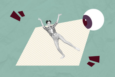 Poster graphics collage of person levitate under looking eye color background
