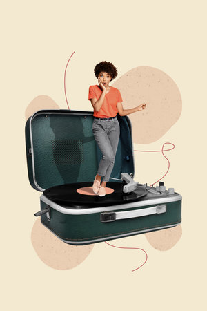 Trend picture collage of person stand demonstrate longplay with vinyl disc on pastel backgroundの写真素材