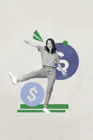 Vertical image art pop collage of happy businessman businesswoman receive dollar coin income success...