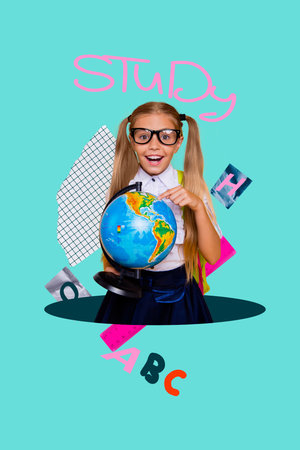 Trendy poster art collage of happy small schoolgirl hold globe earth map geography subject knowledge ruler lesson preparationの写真素材