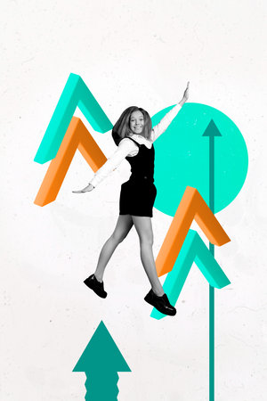 Trendy vertical image photo art collage of happy businesswoman businessman receive arrow progress statistics career promotionの写真素材