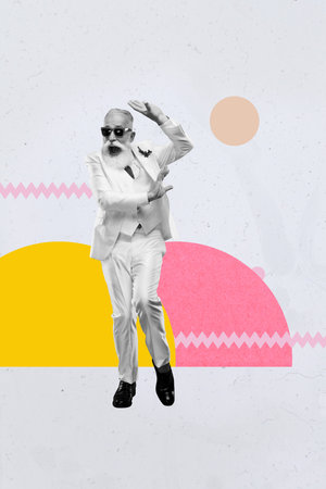 Vertical sketch image photo collage of happy guy dance disco occasion hand gesture dancehall celebration entertainmentの写真素材