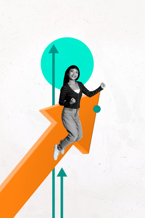 Trendy vertical image photo art collage of happy businesswoman businessman receive arrow progress statistics career promotionの写真素材