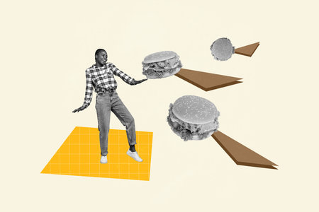Poster template collage of person stand on pastel background with flying burgers