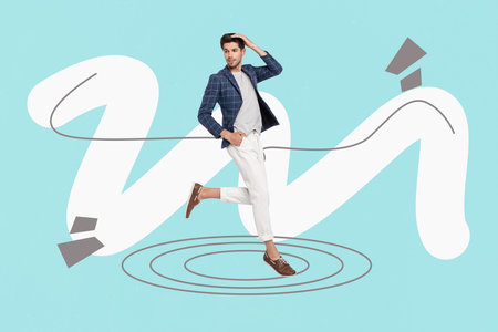 Picture collage of work person levitate walk on blue color background with geometry linesの写真素材