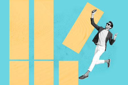 Poster creative collage of person use gadget on color background with falling column graphs
