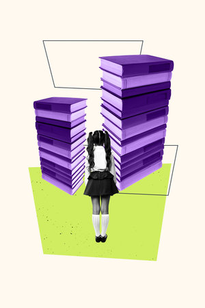 Trend artwork banner sketch photo collage of young school girl wear uniform stand back huge stack book nerd pupil school season septemberの写真素材