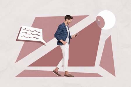 Banner template collage of person stand use gadget under all seeing eye with textbox on red backgroundの写真素材
