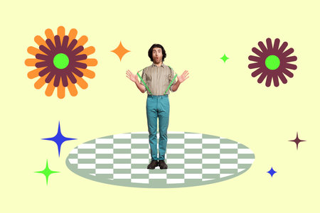 Collage of joyful fashion model in retro colorful bohemian patterns background evoking vintage style...