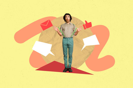 Poster art collage of person stand geometry figure with mind cloud thumb up Ilke letter on yellow...