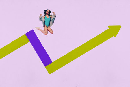 Creative full artwork collage of happy businessman businesswoman stand arrow development success statistics aim achievementの写真素材
