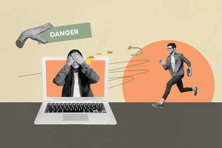 Trendy art creative full zine photo collage of two girl guy stand laptop device hacking magnet...