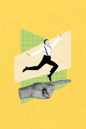 Poster banner collage of person jumping on hand finger demonstrate yellow color backgroundの写真素材