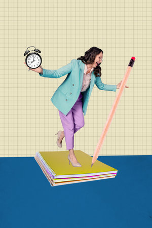 Vertical 3d art collage of happy girl stand notepad stack hold pencil high school education concept...