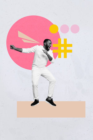 Vertical sketch image photo collage of happy girl guy dance disco occasion hand gesture dancehall celebration entertainmentの写真素材