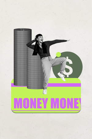 Zine pop image banner 3d photo collage of happy businessman businesswoman receive dollar coin stack transaction capital profitの写真素材