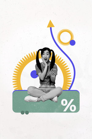 Image vertical artwork collage of happy businesswoman receive arrow development career gearwheel optimization success progressの写真素材