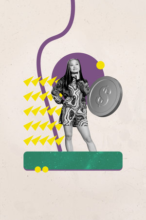 3d image sketch artwork collage of happy businessman businesswoman receive dollar coin income capital bonus success profitの写真素材