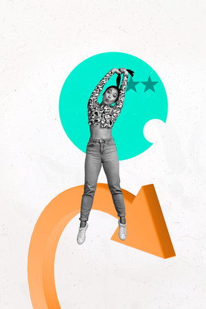 Creative vertical image photo art collage of happy businesswoman businessman receive arrow progress statistics career promotionの写真素材