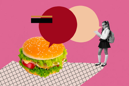 Creative art sketch photo collage of happy schoolgirl write notepad stand hamburger lunch fast food canteen bubble talk schoolの写真素材