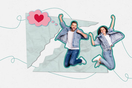 Creative full artwork collage of two happy girl guy sit together love feelings family bonding boyfriend girlfriend couple dateの写真素材