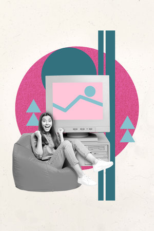 Poster photo vertical collage of happy freelancer businessman businesswoman hold phone laptop graph...