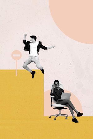 Poster image art sketch vertical collage of happy businessman businesswoman partners stand career...