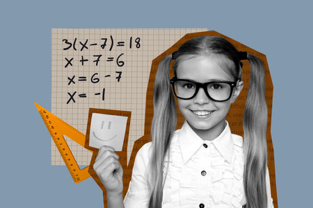 Creative full artwork collage of happy schoolgirl hold sticker emoji smile ruler math formula...