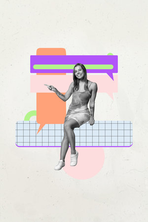 3d pop zine image photo art collage of happy girl guy stand bubble communication speech icon chatterbox dialogue messageの写真素材