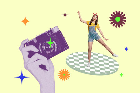 Collage of playful young woman man with giant retro camera surrounded by vintage elements colorful pop motifsの写真素材