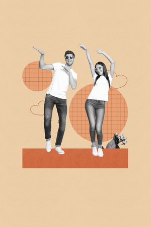 Art image vertical photo collage of two happy girl guy dance valentine heart icon flower bloom spring holiday disco celebrationの写真素材