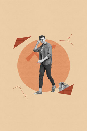 3d sketch image vertical collage of happy businessman businesswoman stand arrow development dollar bag income money statisticsの写真素材