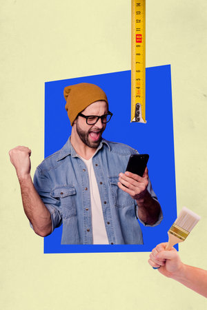 Image zine vertical sketch of anonym repair-woman man hold roller brush renovation wall paining designer decorator ruler handの写真素材