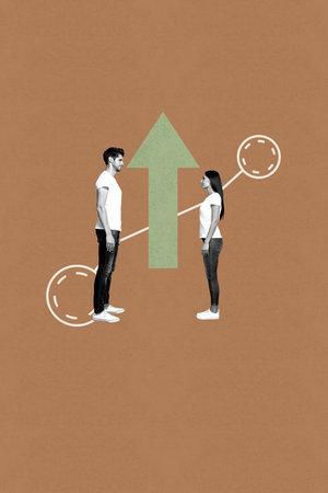 Image collage of person stand on brown background with drawing arrows circle shape